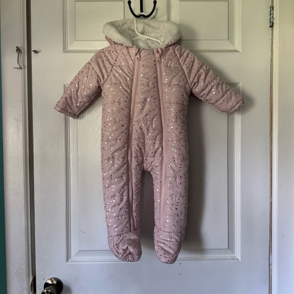 Dunnes Stores Baby Girls Pink Silver Heart Hooded Snowsuit 6–9M